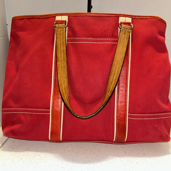 Coach Red Canvas Tote Bag with Red and Tan Leather Trim - Picture 2 of 14